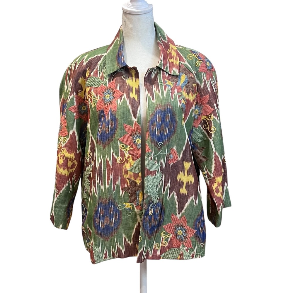 Coldwater Creek IKat Embroidered Linen Open Front Blazer‎ Boho Size Medium